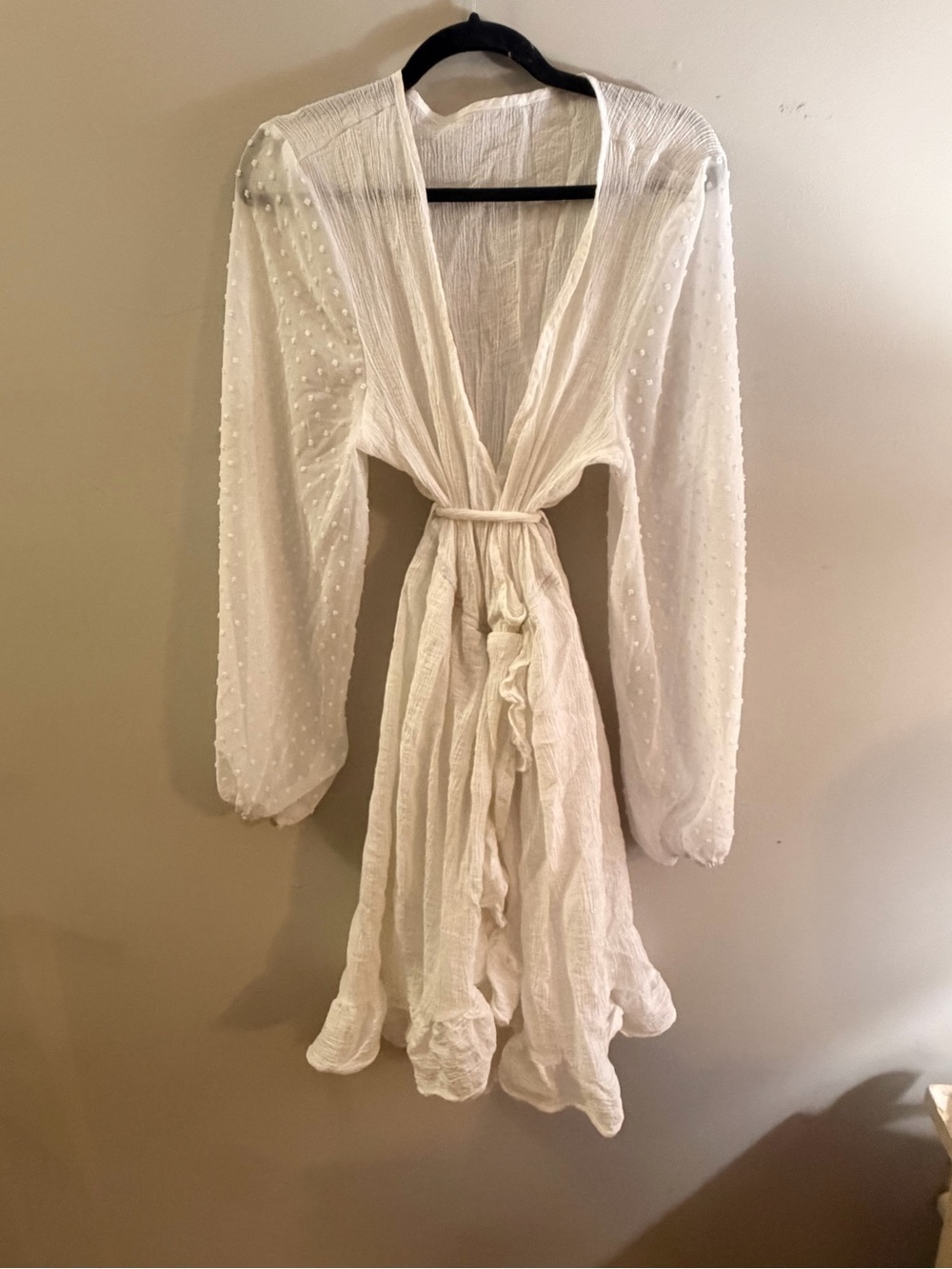 SHEIN White Curve Dress with Tie Waist with sheer dotted long sleeves. - Picture 9 of 9